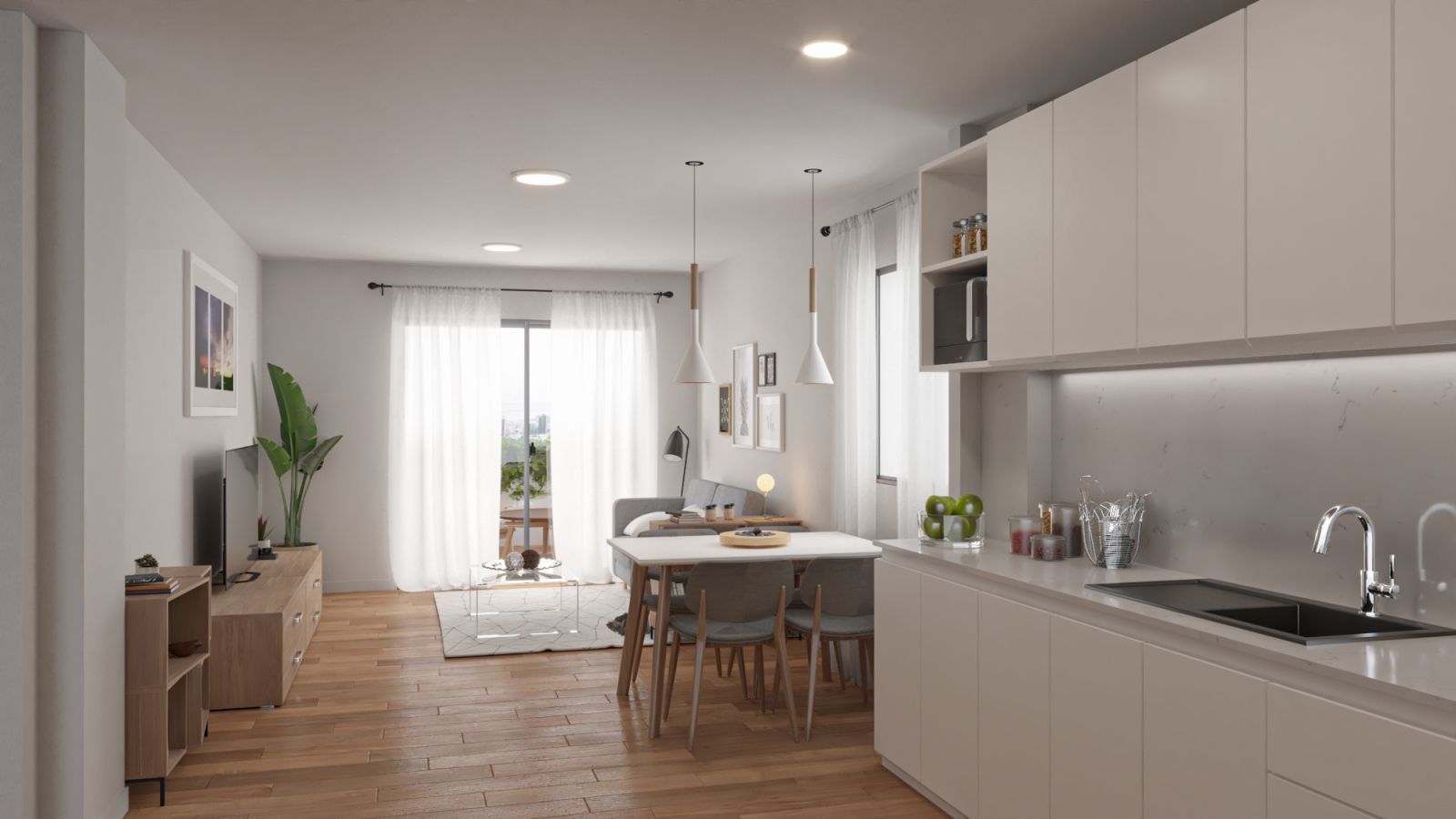 Modern appartement interieur met open keuken en woonkamer.